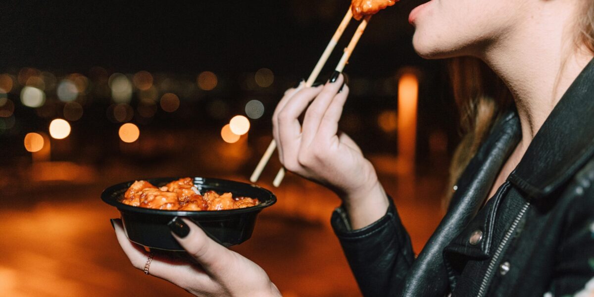 woman eat meat